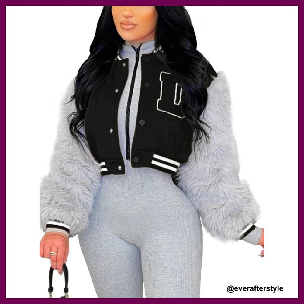 Faux Fur Sleeve Cropped Varsity Jacket Y2k Retro Chic Button Up Letterman Coat